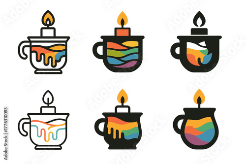 Candle Logo Variations. Candle making with unique scents and colors. Set Logo of Candle making: melting wax pot. Icon set. harmonious logo variations of the