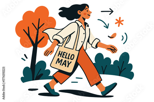 May Walk Vibes. Summer outfit for a May walk. Light linen shirt fluttering as the breeze nudges a tree-lined path; ?Hello May? lettered on a tote swinging at