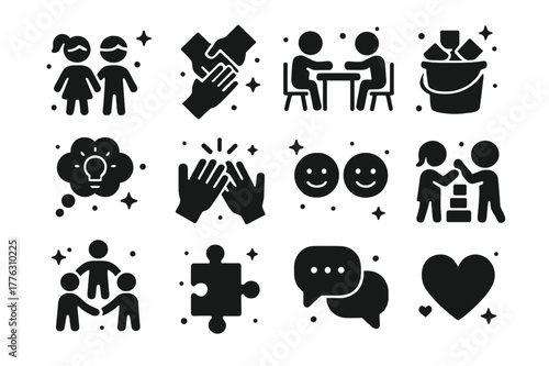 Collaborative Play Icons. Collaborative Play. Solid icons set of Collaborative Play: two children, teamwork hands, shared table, bucket of blocks, idea cloud,
