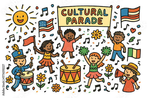 Vibrant Cultural Parade. Cultural parade. Colorful Hand-drawn doodle Children illustration Cultural parade flags, drums, costumes, marching band, banners,