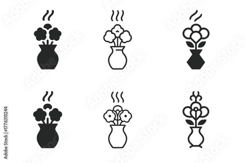 Floral Scent Logos. Smelling fresh flowers from a bouquet. Set Logo of Smelling fresh flowers from a bouquet: vase bouquet with rising scent. Icon set.