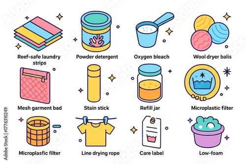 Reef-Safe Laundry Icons. Reef-safe laundry care. Colorful isometric vector icons set of Reef-safe laundry care: biodegradable laundry strips, powder detergent