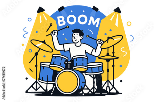 Dynamic Drum Performance. Live Performance. A vibrant drum set under glowing spotlights, cymbals catching the light as sticks hover mid-beat. Floating sound