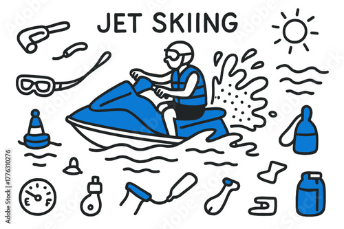 Jet Ski Adventure. // Jet skiing. Hand-drawn doodle illustration Jet skiing [jet ski (accented), rider with life jacket (accented), throttle handle, spray