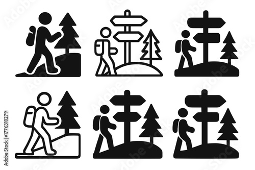 Trail Signpost Logos. Educational field trips and excursions. Set Logo of Educational field trips and excursions: nature trail signpost. Icon set. harmonious