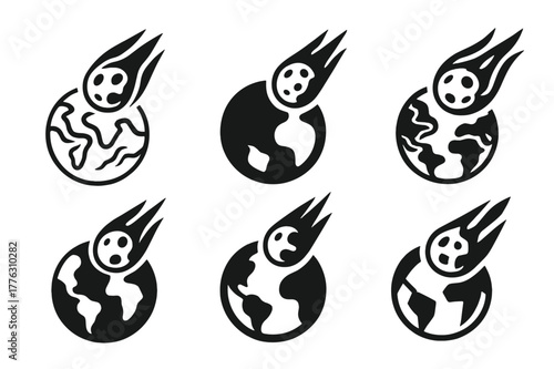Asteroid Impact Logos. Asteroids and meteor impacts on Earth. Set Logo of asteroids and meteor impacts on Earth: meteor entering atmosphere. Icon