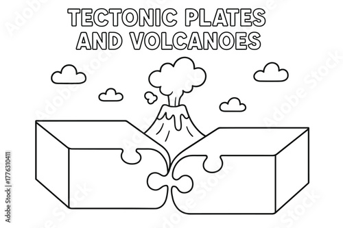 Tectonic Playtime Illustration. Tectonic plates and volcanoes children?s coloring book illustration, outlined drawing, two simple puzzle-piece plates meeting