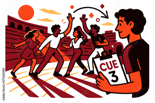 Golden Hour Rehearsal. Amphitheater ? Golden Hour Rehearsal. Performers block scenes with relaxed focus; sun streaks carve long shadows on the stone floor.