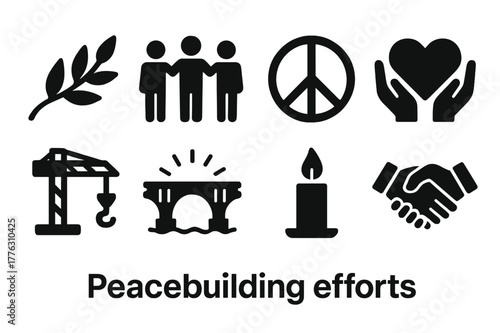 Peace Icons Collection. Peacebuilding efforts. Filled icon set of peacebuilding efforts: olive branch, group