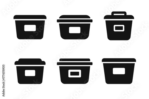 Attic Storage Logos. Reorganizing the attic for more storage. Set Logo of labeled storage containers: Symmetrical form, Negative space, Flat solid, Stylized