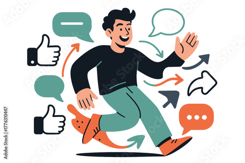 Social Media Dynamics. Social media influence. A person surrounded by floating thumbs-up, comments, and share