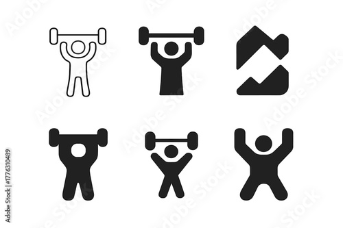 Fitness App Logos. Health and Fitness Challenges. Set Logo of Fitness App Icon: Minimal outline, Filled silhouette, Abstract geometric, Negative space, Flat