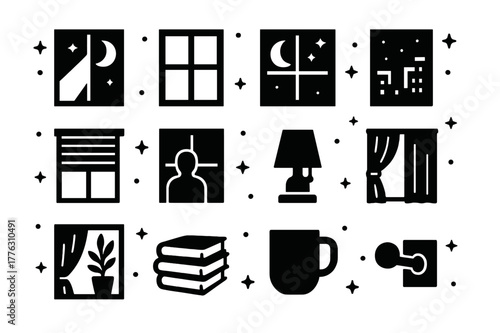 Night Window Icons. Night Window Light. Solid icons set of Night Window Light: moonlight beam, window pane, starry sky, city lights, blinds, silhouette figure,