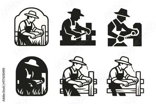 Fence Repair Logos. A farmer repairing a wooden fence in a field. Set Logo of A farmer repairing a wooden fence in a field: measuring tape across fence rail.