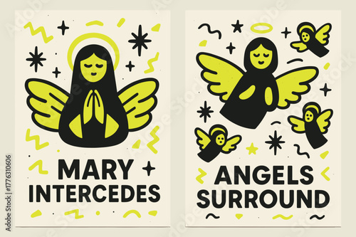Angelic Intercession Banners. Angelic Intercession. Two vertical A6 banners with safe margins, centered composition, no elements touching edges, memphis,