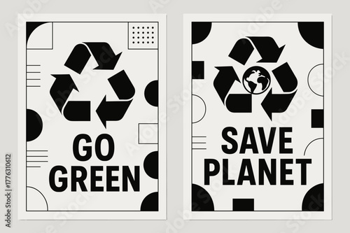 Bauhaus Eco Banners. Environmental Conservation. Two vertical A6 banners with safe margins, centered composition, no elements touching edges, bauhaus, black
