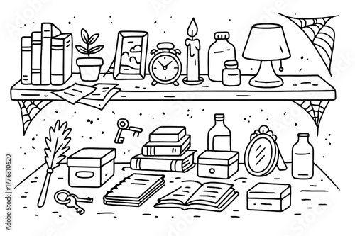 Cluttered Shelf Doodle. Cluttered Shelf. Hand-drawn doodle illustration Cluttered Shelf books, jars, candle, picture frames, boxes, lamp, dust, cobwebs, clock,