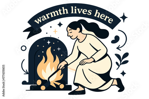 Warmth by the Hearth. Keeper of the Hearth. A calm figure tends a glowing fire; sparks rise like tiny stars of care. Ribbon text ?warmth lives here? arcs above