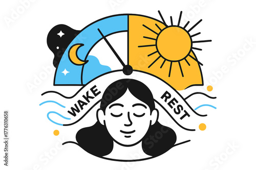 Sunrise Rhythm Harmony. Circadian Rhythm Balance. A sunrise clock arcs from night to day behind a calm face; ?Wake ? Rest ? Reset? floats in rhythm lines. Rays
