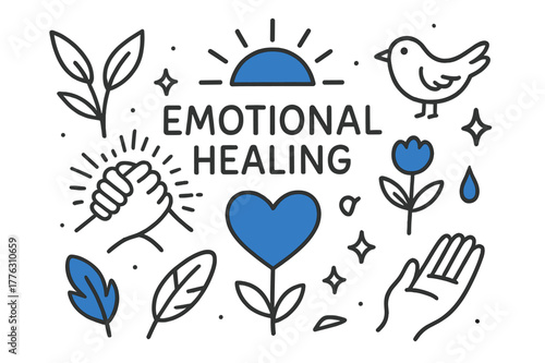 Emotional Healing Symbols. // Emotional healing. Hand-drawn doodle illustration Emotional healing [hands clasped (accented), heart (accented), flower sprout