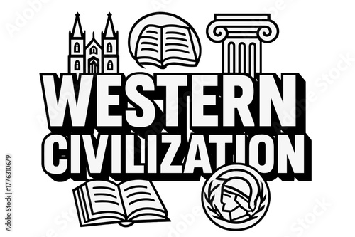 Western Civilization Typography. Bold Block Lettering ? "Western Civilization" in massive bold geometric letters, stacked block composition, heavy outlines
