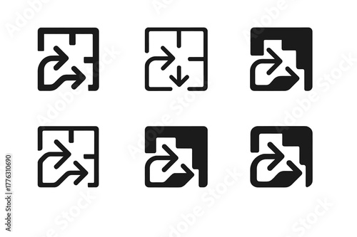 Logo Harmony Grid. Room layouts and space optimization. Set Logo of room layouts and space optimization: flow arrows through compact layout. Icon