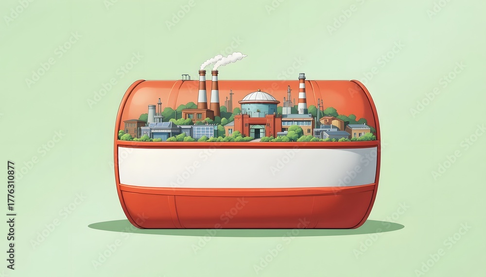 Obraz premium Vibrant industrial cityscape contained within a modern orange capsule, symbolizing industry and innovation contained within a new era