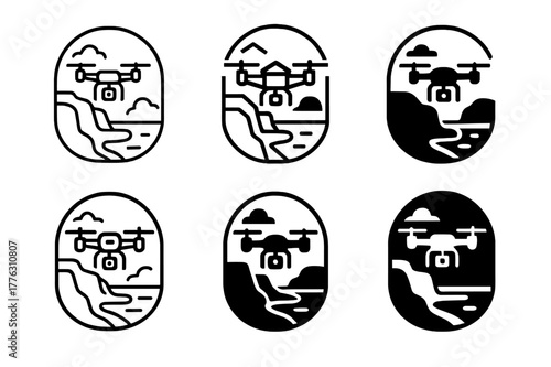 Drone Photography Logos. Photography and capturing scenic views. Set Logo of Photography and capturing scenic views: drone filming coastal cliffs. Icon set.