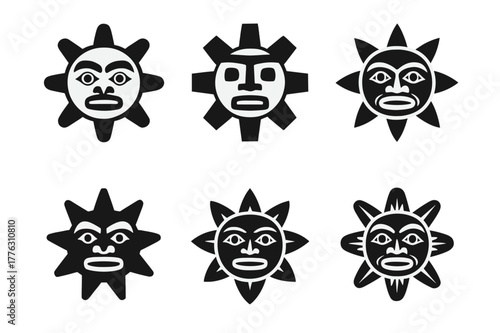 Ceremonial Masks Emblem Set. ceremonial masks. Set Logo of ceremonial masks: Pacific Northwest sun mask. Icon set. harmonious logo variations of the same