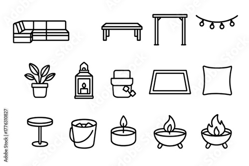 Outdoor Lounge Icons. Outdoor Lounge. Line icon set of Outdoor Lounge: sectional sofa, coffee table, pergola, string lights, potted plant, lantern, outdoor