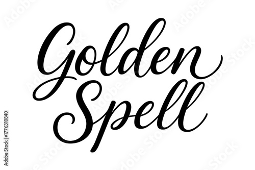 Golden Script Elegance. Golden Spell ? Script Hand-Lettering: flowing brush script with smooth curves and airy