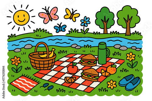 Riverside Picnic Fun. Riverside picnic. Colorful Hand-drawn doodle Children illustration Riverside picnic picnic blanket, basket, fruit, sandwiches, thermos,