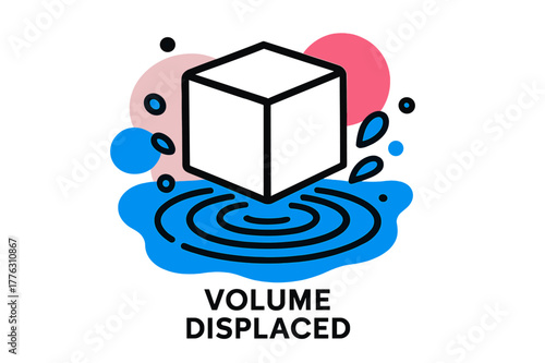 Fluid Displacement Illustration. Displacement in Fluids. A floating cube pushes water down; ?Volume Displaced? appears in minimal sans-serif type. Droplets and
