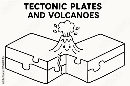 Tectonic Plates Coloring. Tectonic plates and volcanoes children?s coloring book illustration, outlined drawing, two simple puzzle-piece plates meeting with a