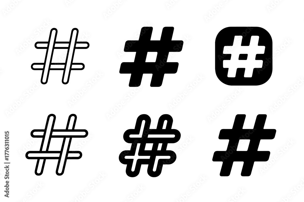 Obraz premium Typography Icon Set. Typography in social media. Set Logo of Typography in social media: hashtag built from letter strokes. Icon set. harmonious logo