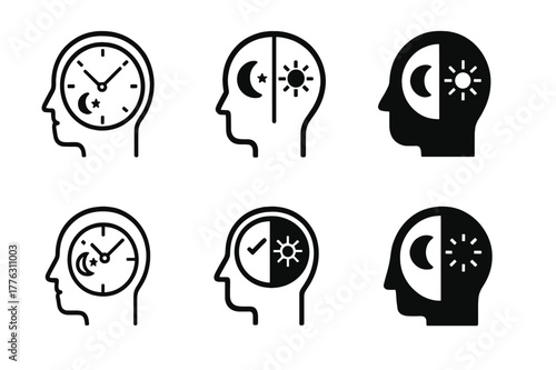 Elderly Care Logo Set. Elderly care technology. Icon set. Set Logo of elderly care technology: dementia-friendly day/night clock. harmonious logo variations of