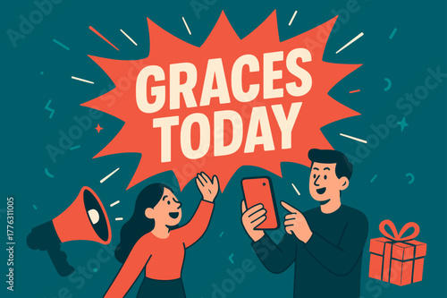 Vibrant Graces Today Banner. Graces Today banner, flat vector illustration, bold oversized text inside splash explosion banner, cartoon characters standing and