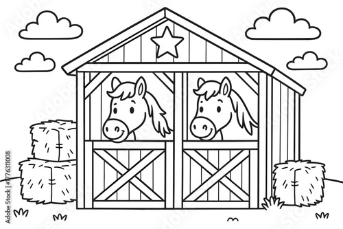 Children's Horse Stable. Horse stable in the West children?s coloring book illustration, outlined drawing, small stable with friendly horses and hay bales,