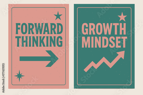 Retro Banners Design. Forward thinking. Two vertical A6 banners with safe margins, centered composition, no elements touching edges, retro, pink and teal,