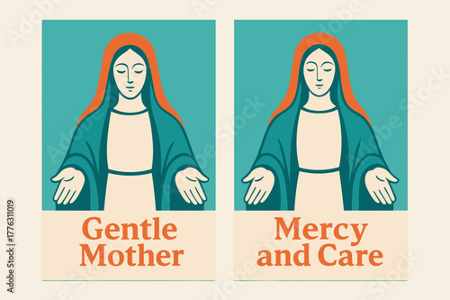 Gentle Mother's Mercy Banners. Mother of Mercy. Two vertical A6 banners with safe margins, centered composition, no elements touching edges, modern, turquoise