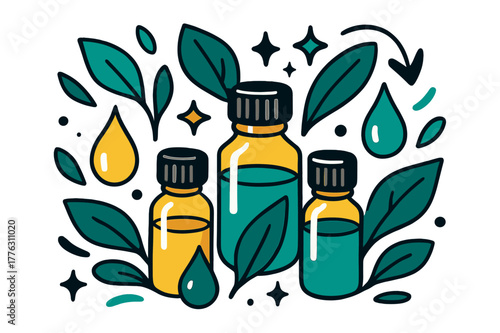 Colorful Aromatherapy Bliss. Aromatherapy oils. Small glass bottles with colorful essential oils surrounded by abstract floating leaves, droplets,