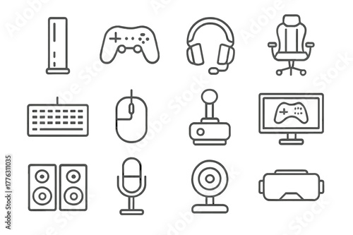 Gaming Icon Grid. gaming console display. Line icon set of gaming console display: gaming console, controller, headset, gaming chair, keyboard,