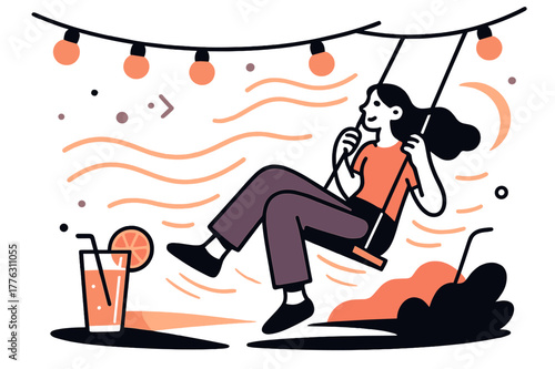 Evening Swing Bliss. Evening relaxation. String lights glowing above, gentle motion lines around swing; lemonade glass catching last rays. Time slows in