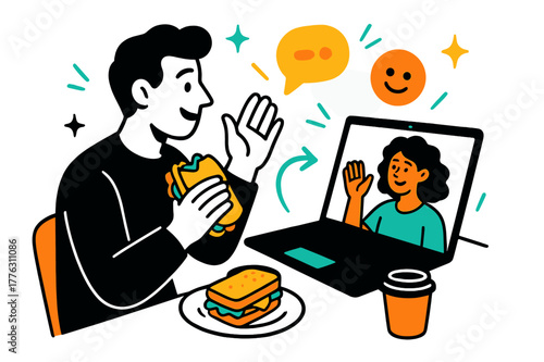 Digital Lunch Chat. Digital lunch break. A worker video calling a colleague while enjoying a sandwich, glowing