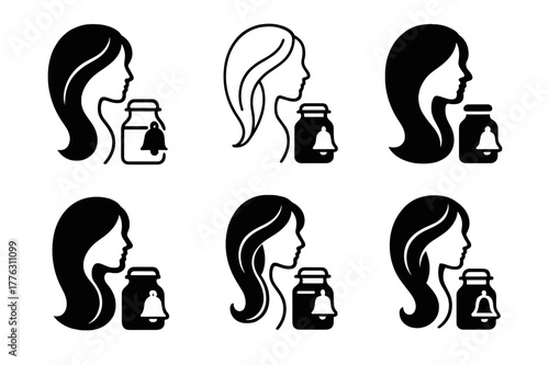 Rural Women Entrepreneurs Logos. Women entrepreneurs in rural areas. Set Logo of women entrepreneurs in rural areas: small dairy milk can and bell. Icon set.