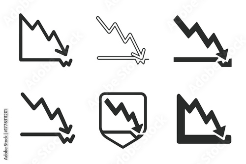 Market Volatility Logos. Market volatility risk. Set Logo of Market volatility risk: zigzag graph breaking support. harmonious logo variations of the same
