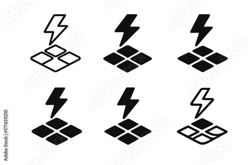 Energy-Harvesting Floor Icons. Radical new takes on home automation and living spaces. Set Logo of energy-harvesting floor: piezo tiles with lightning bolt.