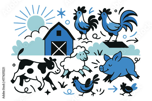 Vibrant Morning at Barn. Morning at the barn. Roosters crowing with glowing sun rays, farm animals scattered