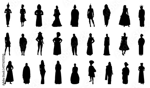 Silhouette of crowd of women around the world in traditional attire