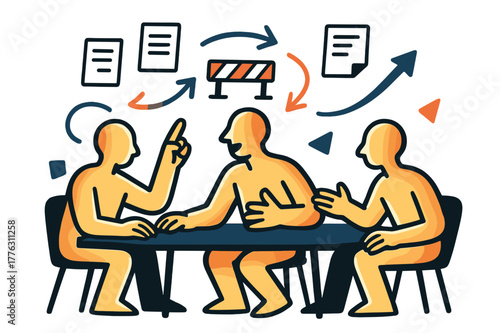 Dynamic Trade Negotiations. Trade negotiations. Glowing abstract figures at a table with floating icons of